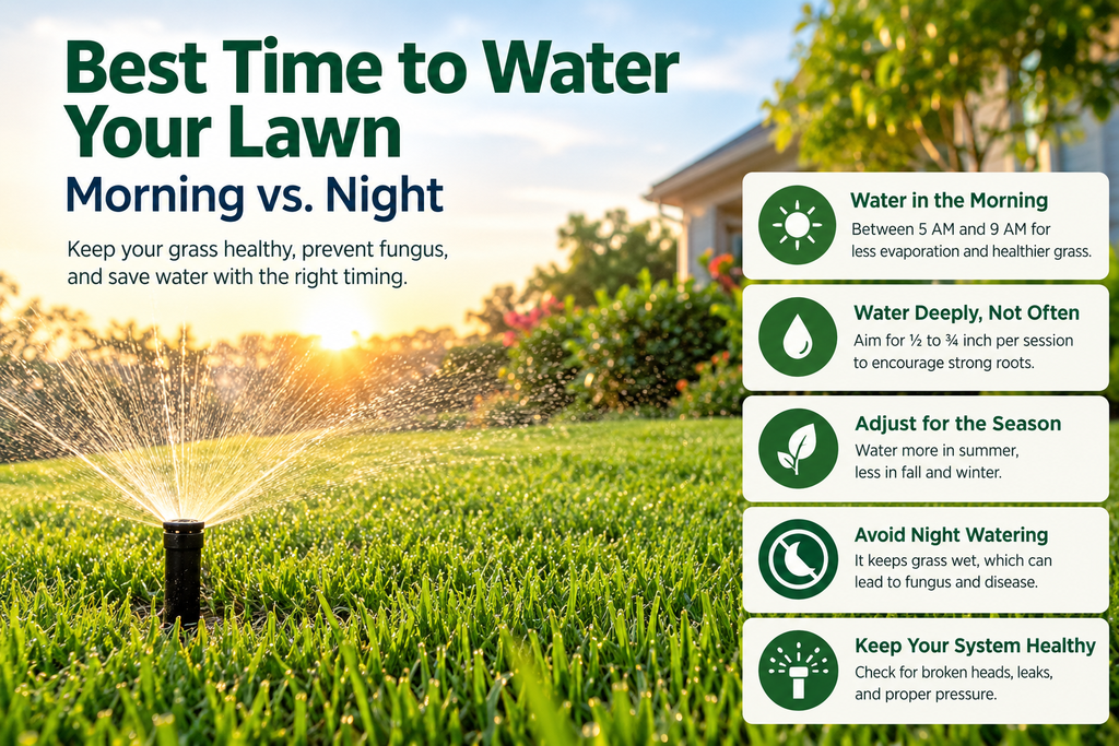 The best time to water your lawn in the early morning with a sprinkler